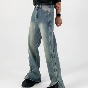 Retro American Split Straight-Leg Jeans - Floor-Length Unisex Wide-Leg Pants with Washed Design, Niche Fashion Style