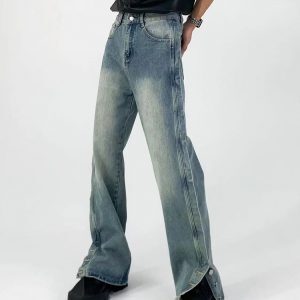 Retro American Split Straight-Leg Jeans - Floor-Length Unisex Wide-Leg Pants with Washed Design, Niche Fashion Style