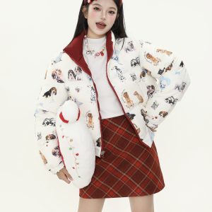 Retro American Style All-Over Print Dog Double-Sided Short Cotton Jacket for Women - Thick Warm Winter Coat