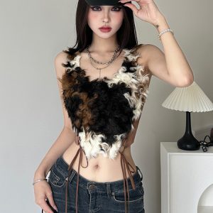 Retro American Vintage Suede Patchwork Camisole - Sexy Slim Fit Summer Top for Effortless Style
