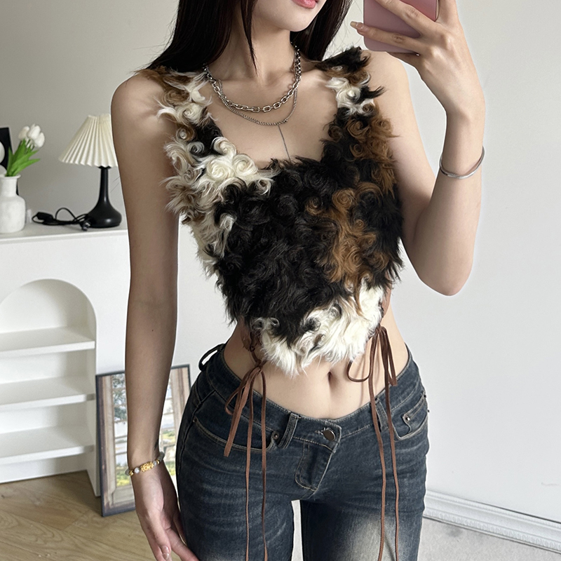 Retro American Vintage Suede Patchwork Camisole - Sexy Slim Fit Summer Top for Effortless Style