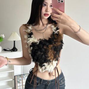 Retro American Vintage Suede Patchwork Camisole - Sexy Slim Fit Summer Top for Effortless Style