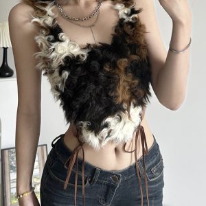 Retro American Vintage Suede Patchwork Camisole - Sexy Slim Fit Summer Top for Effortless Style