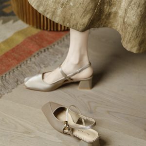 Retro Backless Cheongsam Mary Jane Chunky Heel Sandals for Women - Square-Toe One-Strap Buckle Summer Shoes