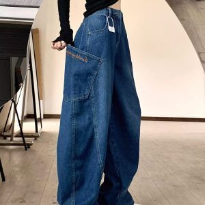 Retro Big Pocket Curved Blade Denim Pants for Women - Summer High Street Loose Wide-Leg Trousers, Y2K Fashion