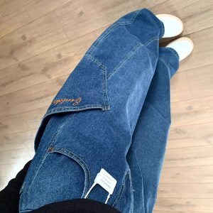 Retro Big Pocket Curved Blade Denim Pants for Women - Summer High Street Loose Wide-Leg Trousers, Y2K Fashion