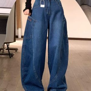 Retro Big Pocket Curved Blade Denim Pants for Women - Summer High Street Loose Wide-Leg Trousers, Y2K Fashion