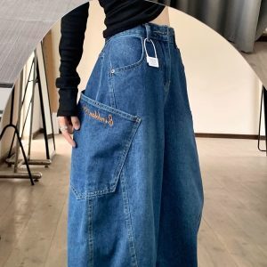 Retro Big Pocket Curved Blade Denim Pants for Women - Summer High Street Loose Wide-Leg Trousers, Y2K Fashion