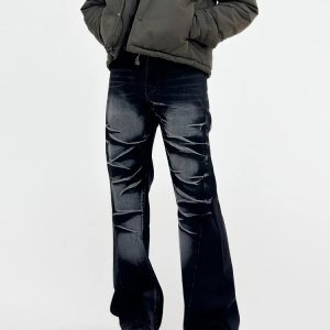 Retro Black and Gray Hand-Painted Cat Whiskers Micro-Flare Jeans for Men - Loose Fit American-Style Niche Fashion