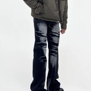 Retro Black and Gray Hand-Painted Cat Whiskers Micro-Flare Jeans for Men - Loose Fit American-Style Niche Fashion