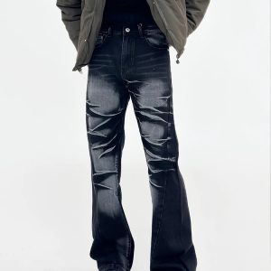 Retro Black and Gray Hand-Painted Cat Whiskers Micro-Flare Jeans for Men - Loose Fit American-Style Niche Fashion