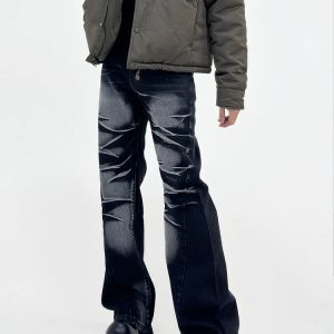 Retro Black and Gray Hand-Painted Cat Whiskers Micro-Flare Jeans for Men - Loose Fit American-Style Niche Fashion