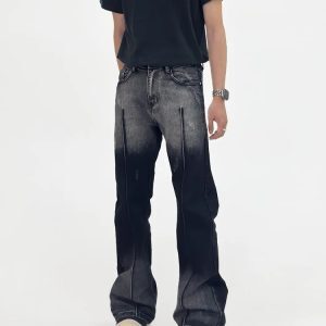 Retro Black and White Tie-Dye Gradient Micro-Flare Denim Pants for Men - High Street Casual Loose-Fit Trousers