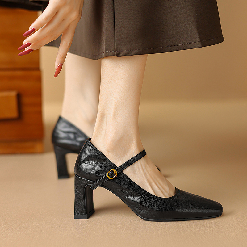Retro Black Leather Mary Jane Shoes for Women - Chunky Heels, French Square-Toe Design, 2024 Spring Fashion