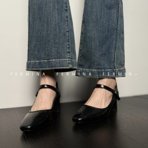 Retro Black Leather Mary Jane Shoes for Women - Chunky Heels, French Square-Toe Design, 2024 Spring Fashion