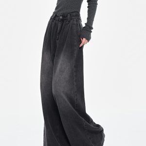 Retro Black Pleated Wide-Leg Jeans for Women - High Waist Draped Slimming Floor-Length Pants - Early Spring Style