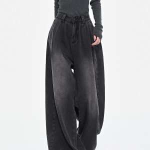 Retro Black Pleated Wide-Leg Jeans for Women - High Waist Draped Slimming Floor-Length Pants - Early Spring Style