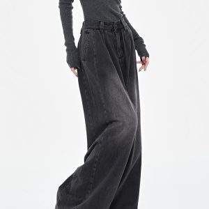 Retro Black Pleated Wide-Leg Jeans for Women - High Waist Draped Slimming Floor-Length Pants - Early Spring Style