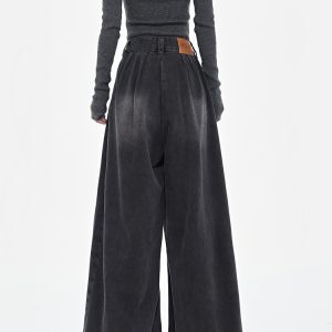 Retro Black Pleated Wide-Leg Jeans for Women - High Waist Draped Slimming Floor-Length Pants - Early Spring Style