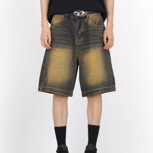 Retro Blue Denim Wide-Leg 5-Point Street Shorts for Men and Women - Loose Fit, Unisex Vintage Style