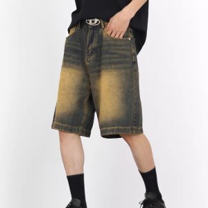 Retro Blue Denim Wide-Leg 5-Point Street Shorts for Men and Women - Loose Fit, Unisex Vintage Style