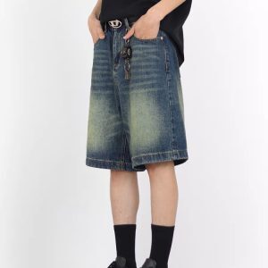 Retro Blue Denim Wide-Leg 5-Point Street Shorts for Men and Women - Loose Fit, Unisex Vintage Style