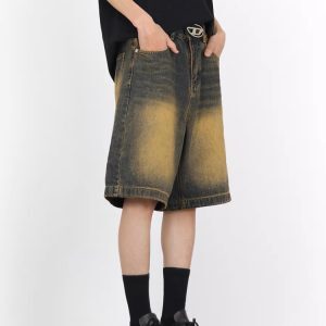 Retro Blue Denim Wide-Leg 5-Point Street Shorts for Men and Women - Loose Fit, Unisex Vintage Style