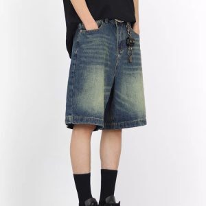 Retro Blue Denim Wide-Leg 5-Point Street Shorts for Men and Women - Loose Fit, Unisex Vintage Style