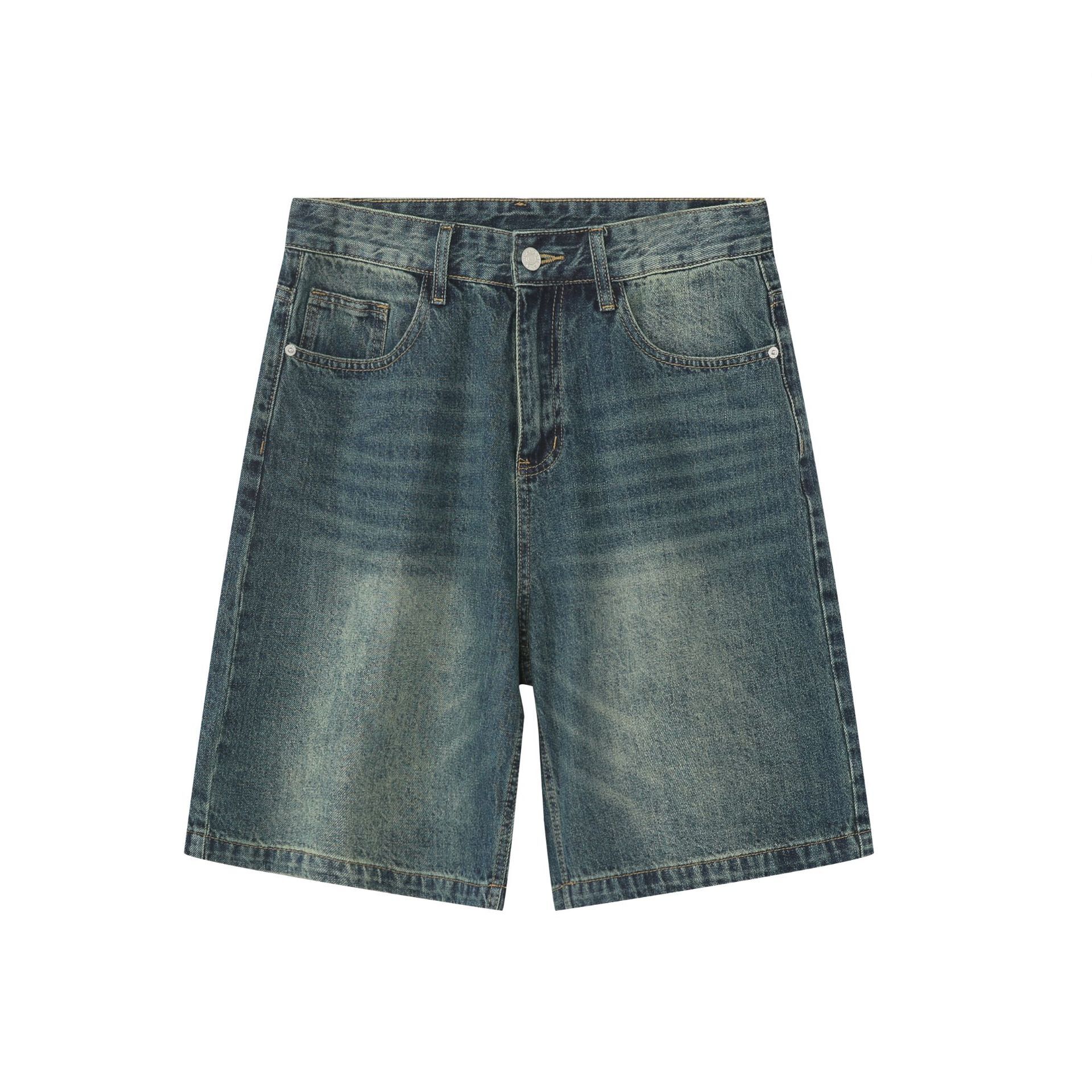 Retro Blue Denim Wide-Leg 5-Point Street Shorts for Men and Women - Loose Fit, Unisex Vintage Style