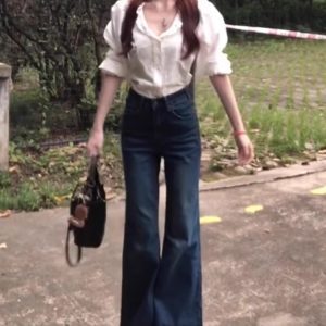 Retro Blue Flared Jeans for Women - Summer Loose Wide-Leg Bell-Bottoms, Non-Skinny Slimming Straight-Leg, Floor-Length Style