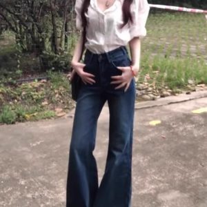 Retro Blue Flared Jeans for Women - Summer Loose Wide-Leg Bell-Bottoms, Non-Skinny Slimming Straight-Leg, Floor-Length Style