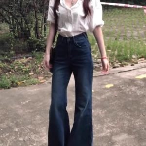 Retro Blue Flared Jeans for Women - Summer Loose Wide-Leg Bell-Bottoms, Non-Skinny Slimming Straight-Leg, Floor-Length Style