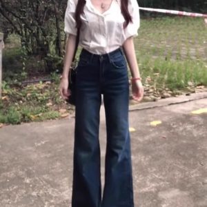 Retro Blue Flared Jeans for Women - Summer Loose Wide-Leg Bell-Bottoms, Non-Skinny Slimming Straight-Leg, Floor-Length Style