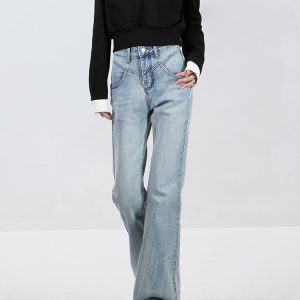Retro Blue Flared Pants for Women - High Waist Slim Fit Jeans, 2025 Spring Collection, Y2K Style