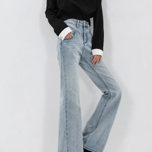 Retro Blue Flared Pants for Women - High Waist Slim Fit Jeans, 2025 Spring Collection, Y2K Style