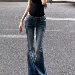 Retro Blue Low-Waist Flared Jeans for Women - Summer Slim Wide-Leg Bell-Bottom Pants, Y2K Style