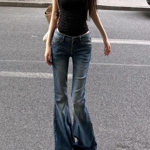 Retro Blue Low-Waist Flared Jeans for Women - Summer Slim Wide-Leg Bell-Bottom Pants, Y2K Style