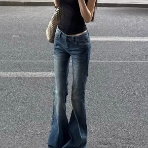 Retro Blue Low-Waist Flared Jeans for Women - Summer Slim Wide-Leg Bell-Bottom Pants, Y2K Style