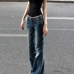 Retro Blue Low-Waist Flared Jeans for Women - Summer Slim Wide-Leg Bell-Bottom Pants, Y2K Style