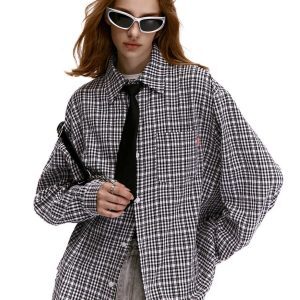 Retro Blue Plaid Long Sleeve Shirt for Men and Women - Loose Casual American Streetwear Outerwear Top, Y2K Style