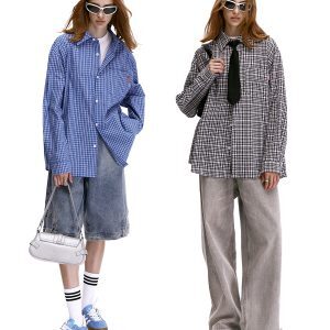 Retro Blue Plaid Long Sleeve Shirt for Men and Women - Loose Casual American Streetwear Outerwear Top, Y2K Style