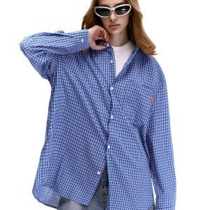 Retro Blue Plaid Long Sleeve Shirt for Men and Women - Loose Casual American Streetwear Outerwear Top, Y2K Style
