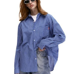 Retro Blue Plaid Long Sleeve Shirt for Men and Women - Loose Casual American Streetwear Outerwear Top, Y2K Style