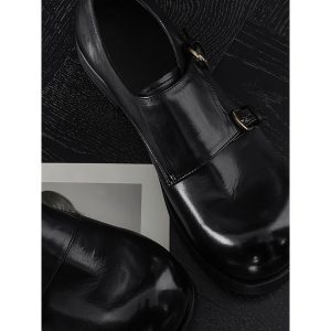 Retro British High-End Leather Derby Shoes with Buckle and Height-Increasing Design – Versatile Round-Toe Trendy Footwear