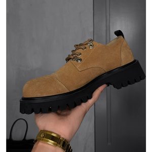 Retro British Style Spliced Suede Round-Toe Derby Shoes for Autumn - Height-Increasing Workwear Footwear