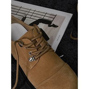 Retro British Style Spliced Suede Round-Toe Derby Shoes for Autumn - Height-Increasing Workwear Footwear