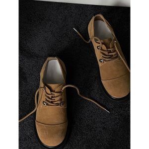 Retro British Style Spliced Suede Round-Toe Derby Shoes for Autumn - Height-Increasing Workwear Footwear