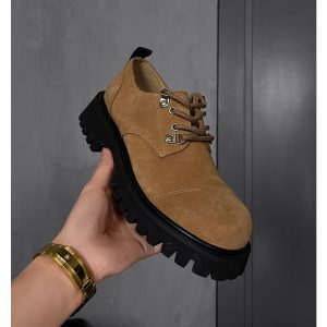 Retro British Style Spliced Suede Round-Toe Derby Shoes for Autumn - Height-Increasing Workwear Footwear