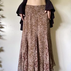 Retro Brown Patterned Mesh Long Skirt for Women - Fashionable Irregular Hem Design, Versatile Vintage Style