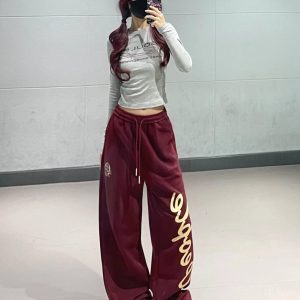 Retro Burgundy Letter Sweatpants for Women - Autumn Winter Straight Leg Drawstring Sports Pants for Jazz Dance Y2K Style